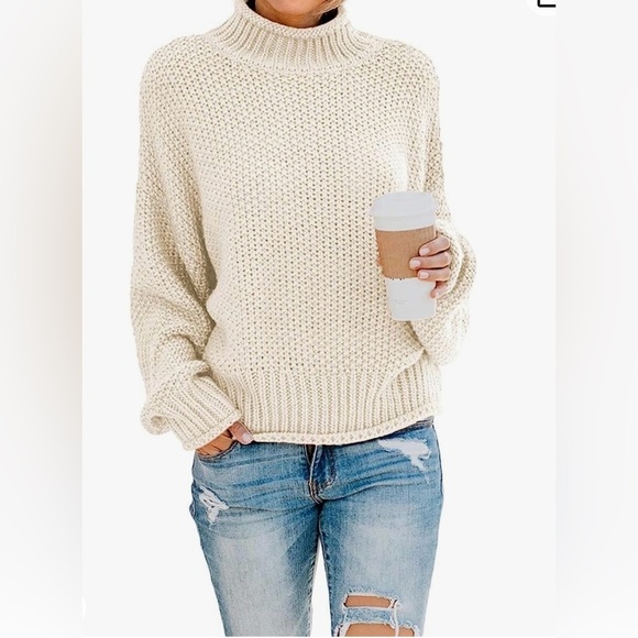 Women’s Solid Turtleneck High Neck
Balloon Long Sleeve Sweater Cream Large - Picture 1 of 10